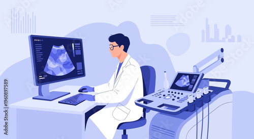 Doctor analyzing ultrasound scan on computer screen in modern clinic, medical technology
