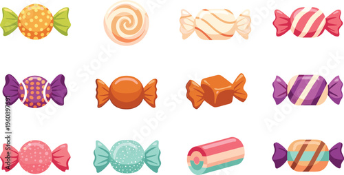 Colorful candy collection with wrapped sweets, caramel and striped sugar treats, playful confectionery vector illustration set for dessert and kids design