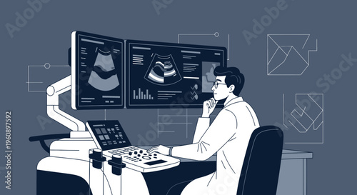 Doctor Analyzing Ultrasound Scan on Modern Medical Equipment Screen
