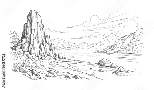 Fotografi Black and white of rugged mountain landscape with lake and dramatic rock formati