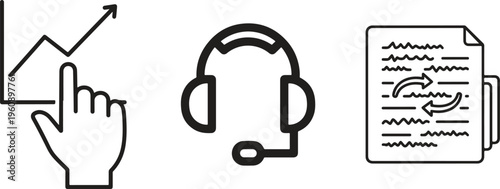 Customer service icons, support symbols, business communication graphics, vector illustrations