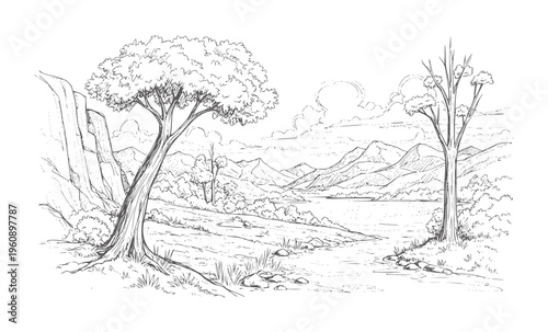 Black and white of serene lakeside landscape with trees and mountains blackandwhite