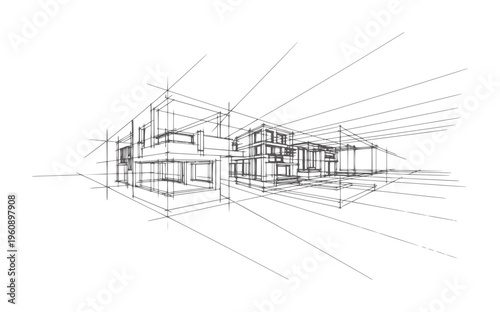 Black and white wireframe architectural of a multilevel building structure architecture