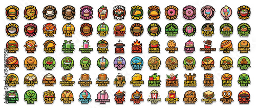 A variety of colorful food icons on white background.