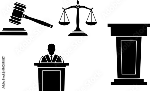 Legal System and Judicial Authority Icons Featuring Judge Podium Gavel and Scales of Justice