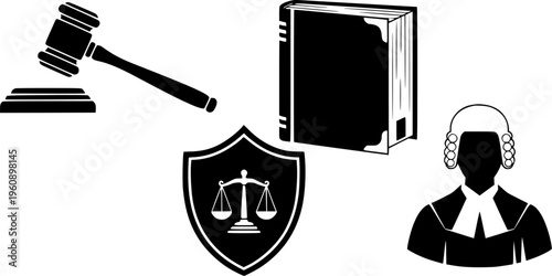Legal System and Judicial Authority Concepts Featuring Judge Gavel Law Book Scales Of Justice Shield And Barrister Silhouettes