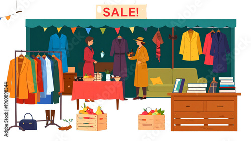 Garage sale things. Flea market compositions. Vintage stuff arranging. Second Hand clothes or retro furniture. Fair bazaar. Rack with books and interior sofas. Garish vector concept