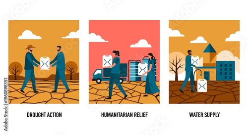 Water Scarcity and Humanitarian Relief Vector Illustration Set with Drought Action, Aid Distribution, and Crisis Management Concepts