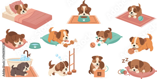 Cute puppy daily routine collection with sleeping, eating, playing and bathing activities, adorable dog lifestyle vector illustration set for pet care design