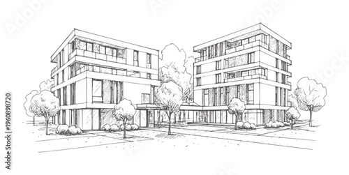 Of two multistory buildings with trees and sidewalk windows