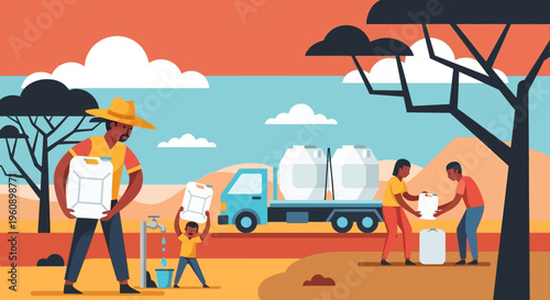 African Community Collecting Clean Water from Truck and Tap in Arid Desert Landscape, Humanitarian Aid and Water Scarcity Concept Flat Vector Illustration