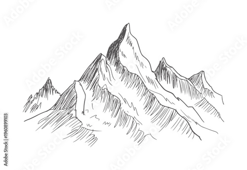 Textured black and white of jagged mountain peaks with shading mountains