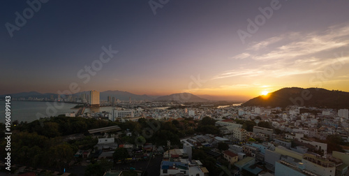 Aerial Panorama Sunset Nha Trang Vietnam Sea Coastline Bridge