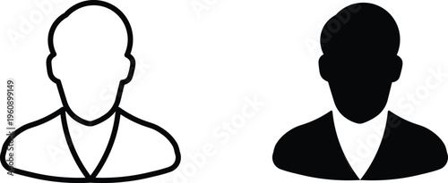 Minimalist user profile avatar icons, black and white male silhouette symbols, professional person head and shoulders vector set for web interface
