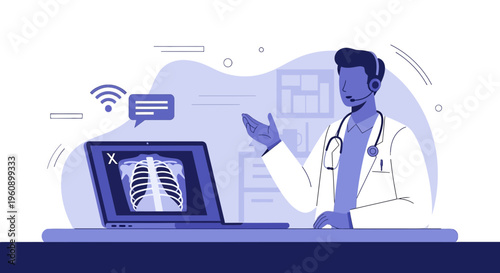 Doctor Consults Patient Online: Telemedicine, X-ray on Laptop, Healthcare Technology