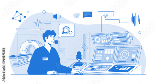 Doctor controlling medical equipment for CT scan, MRI, ultrasound, X-ray imaging