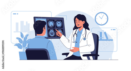 Doctor consults patient, pointing at brain scan images on monitor in clinic office