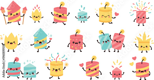 Cute fireworks characters collection with funny emotions and festive elements, kawaii celebration mascots vector illustration set for holiday and party design