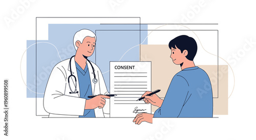Doctor and patient signing consent form for medical procedure, healthcare concept