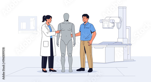 Doctor and patient with 3D body model for medical imaging procedure