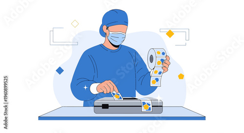 Doctor Applying Medical Stickers to Surgical Equipment for Sterilization