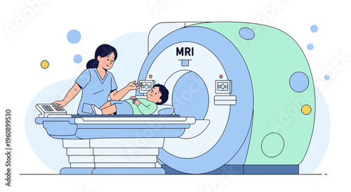 Doctor Assisting Child in MRI Machine for Medical Scan
