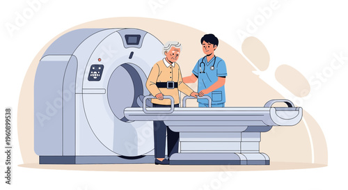 Doctor assisting elderly patient with CT scanner for medical imaging procedure