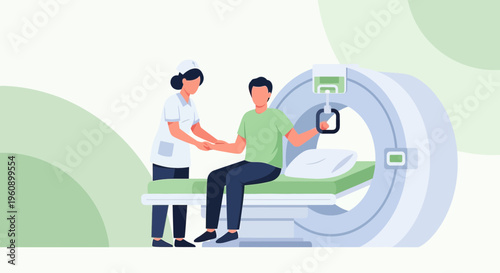 Doctor assisting patient into MRI scanner for medical imaging diagnosis