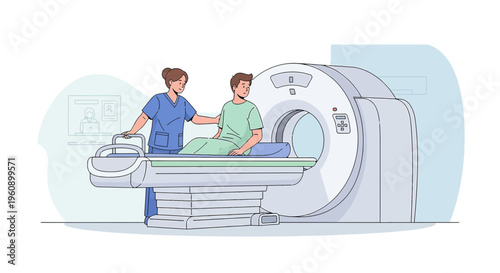 Doctor assisting patient in CT scanner for medical imaging procedure