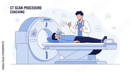 Doctor coaching patient through CT scan procedure, medical diagnostic imaging, healthcare concept