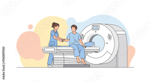 Doctor assisting patient into MRI scanner for medical imaging procedure