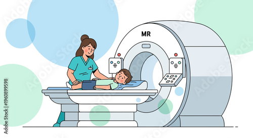 Doctor comforting child undergoing MRI scan in modern medical clinic