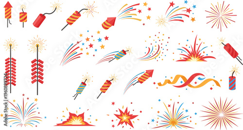Colorful fireworks and rockets collection with explosion effects and festive sparks, celebration pyrotechnics vector illustration set for holiday and party design