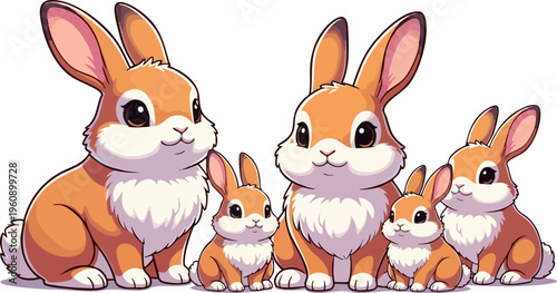 Adorable illustration showcasing a cute family of five fluffy brown and white cartoon rabbits sitting together in a charming lineup