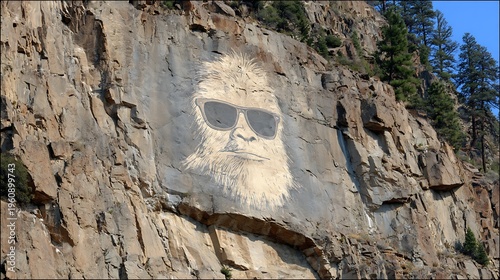 A large bigfoot face painted on a rocky mountain cliff side with green pine trees and blue sky