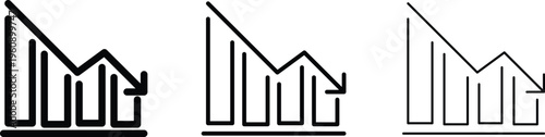 Minimalist declining business graph icons, black line bar chart with downward arrow, financial crisis and economic recession vector set