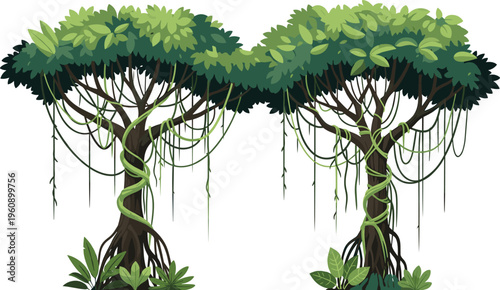 Detailed banyan tree illustration with hanging roots dense foliage and tropical forest vegetation botanical nature vector design