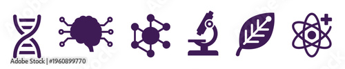 Minimalist science and technology vector icon set featuring dna, ai brain, molecule, microscope, leaf, and atom for educational and research designs