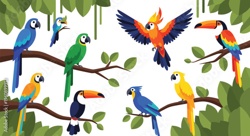 Colorful tropical birds on branches with leaves parrots toucans and macaws representing exotic wildlife jungle nature illustration