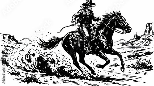 Dynamic black and white illustration of a cowboy on a galloping horse in a dusty Western desert landscape with mesas.