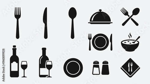 Collection of black silhouette icons representing various dining, restaurant, and kitchen items including cutlery, plates, wine, and condiments on a light background.