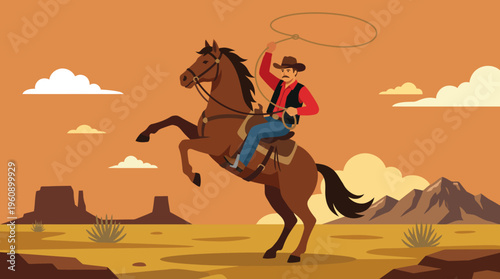 A cartoon illustration of a cowboy on a rearing brown horse, actively swinging a lasso in a vast, arid desert landscape with mesas and mountains under an orange sky.