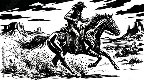 Dynamic black and white illustration of a cowboy on horseback galloping through a dusty desert landscape with mesas in the background, evoking a classic Western adventure.