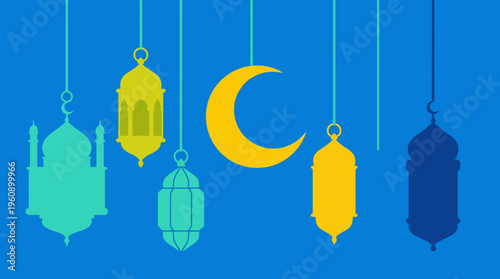 A vibrant blue background featuring a yellow crescent moon, various ornate lanterns, and a mosque silhouette, symbolizing Islamic holidays like Ramadan or Eid.