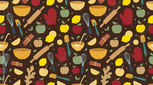 A vibrant and colorful seamless pattern featuring various baking ingredients and kitchen utensils on a dark brown background, perfect for culinary themes.
