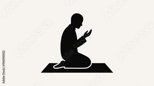 Silhouette of a person kneeling on a prayer mat with hands raised in prayer, depicting a moment of worship or devotion.
