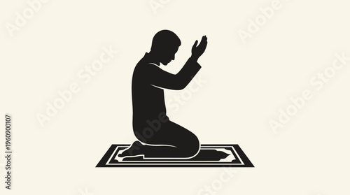 Silhouette of a person kneeling on a prayer mat with hands raised in a gesture of prayer, symbolizing devotion and spirituality.