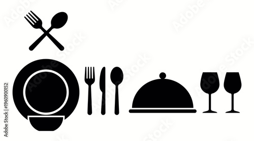 Collection of black silhouette icons representing various dining and kitchen utensils, including cutlery, plates, cloche, and wine glasses.