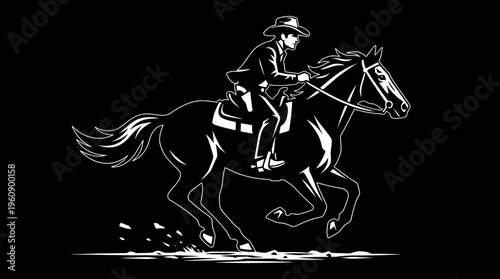 White outline illustration of a cowboy riding a galloping horse on a black background.
