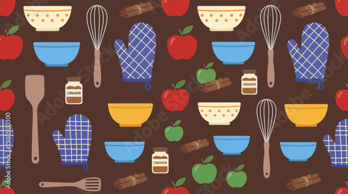A seamless pattern featuring various kitchen utensils, baking ingredients like apples and cinnamon, and colorful bowls on a brown background, perfect for culinary themes.